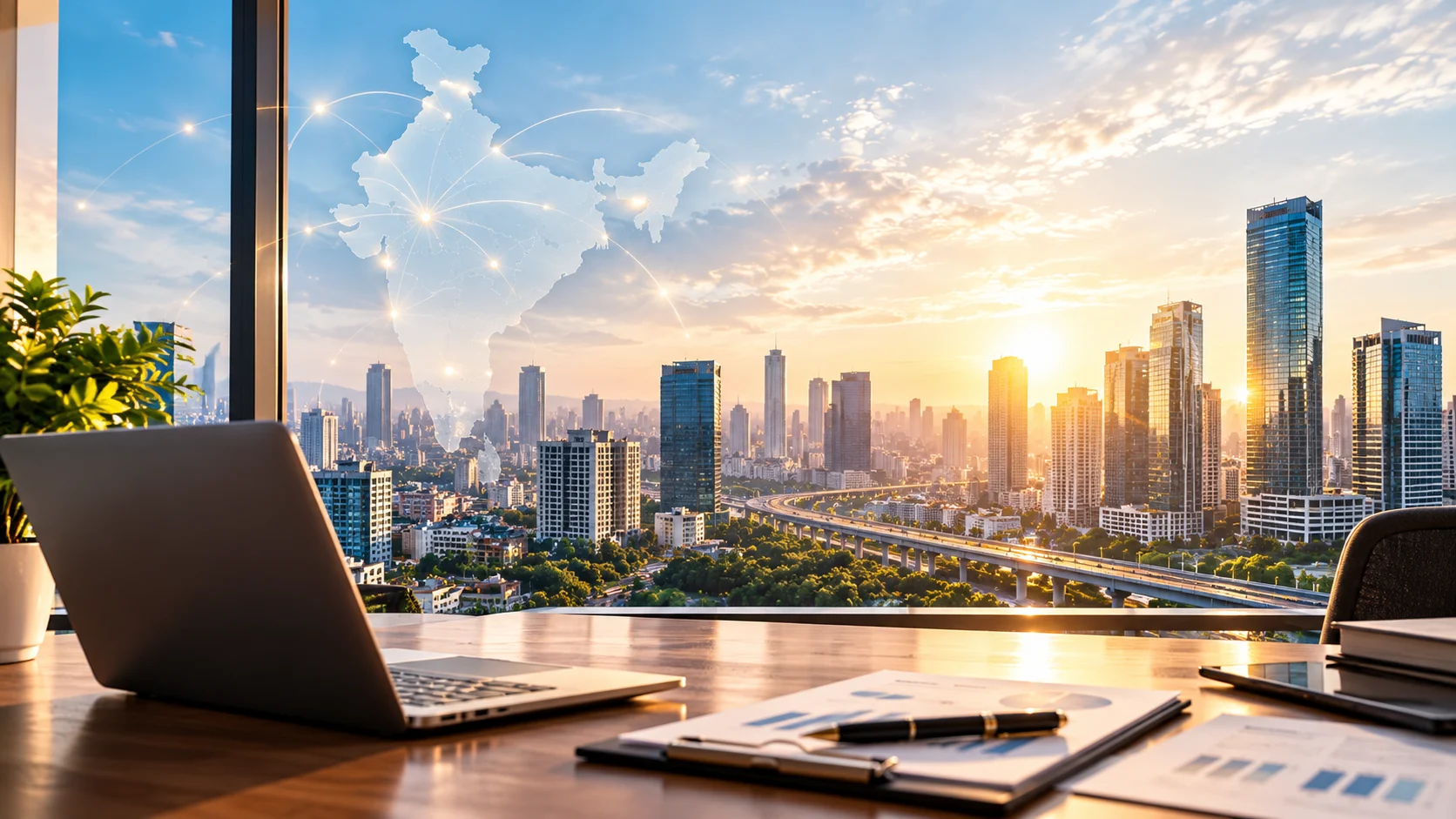 India’s connected cityscape at sunrise, viewed from a business workspace